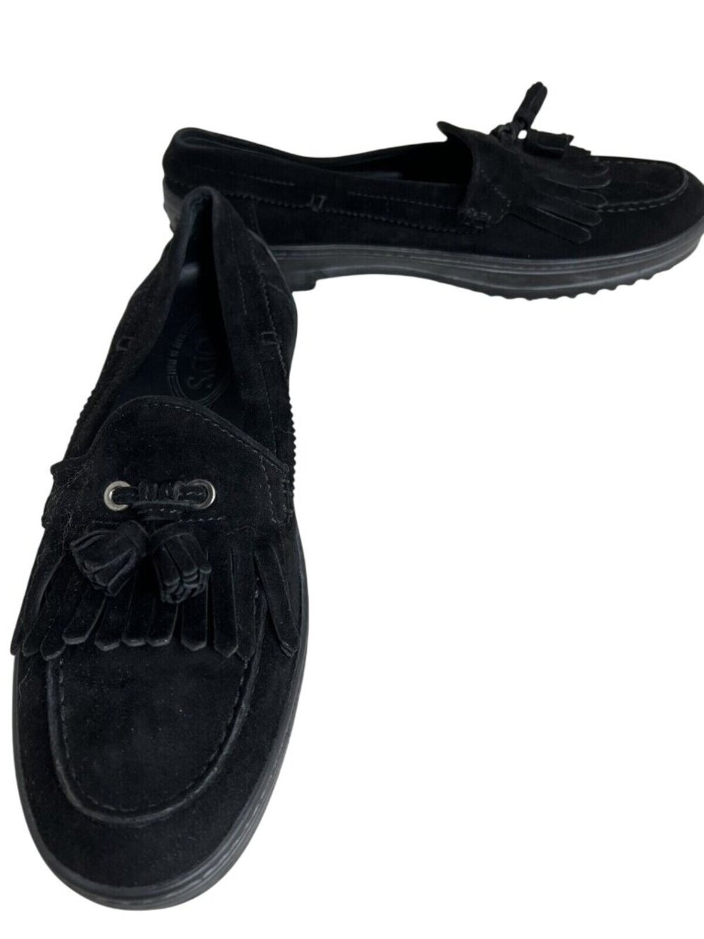 Tods Womens Black Suede Fringe Loafers Size 40